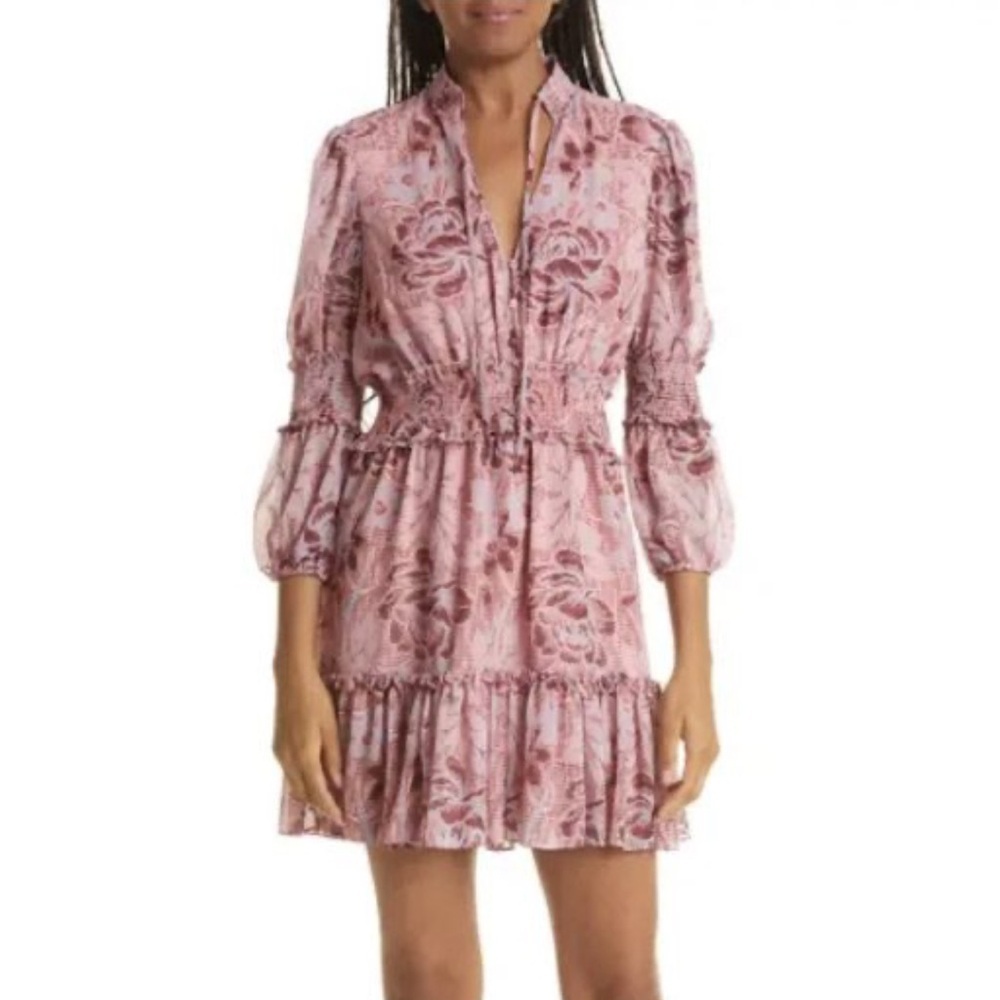 Likely Rowe Women's Floral Rose Print Mini Ruffle Dress Size 10 Pink